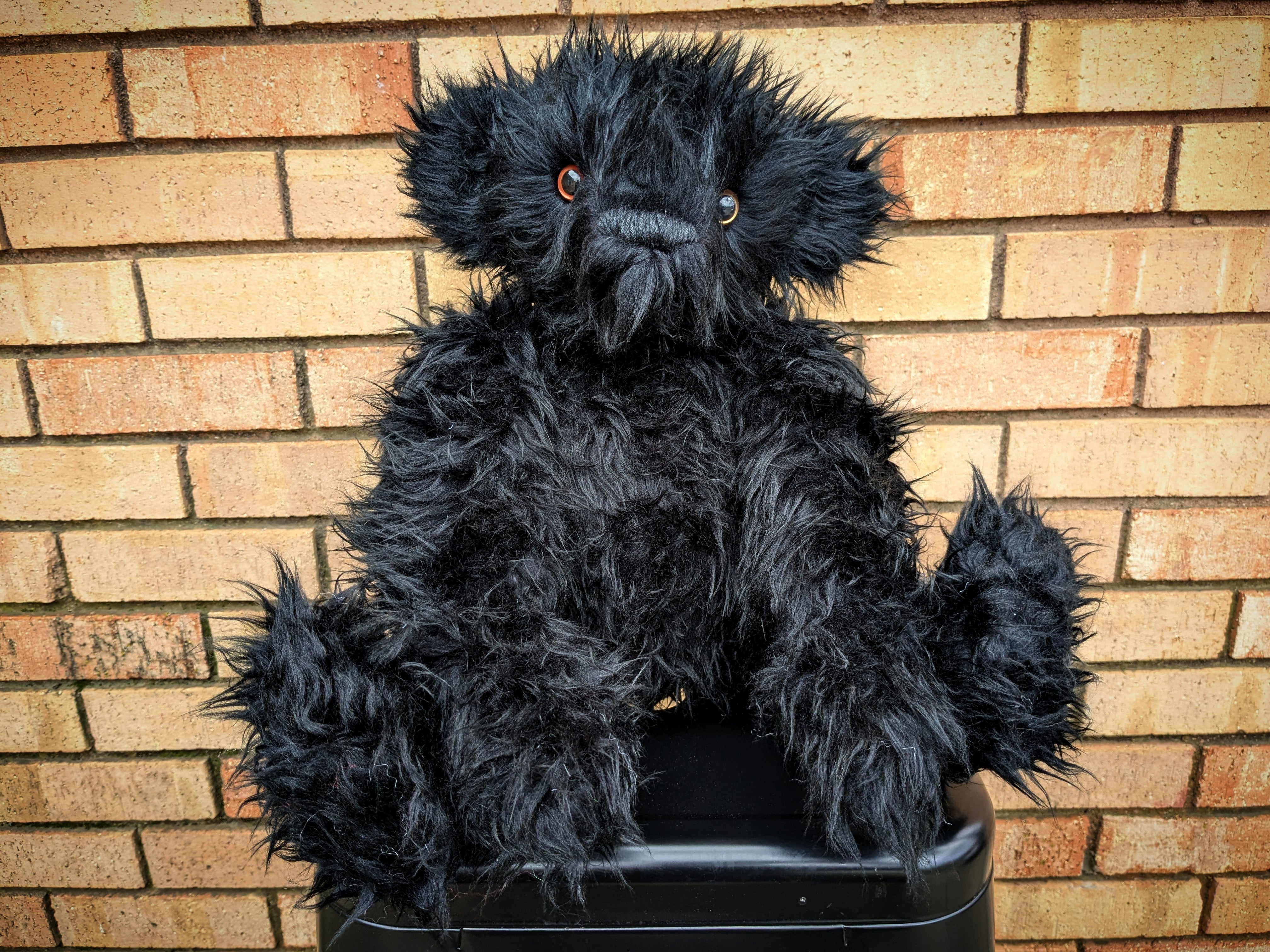 Edward The Short Curly Haired Black Faux Fur Teddy Bear With One Copper And One Gold Eye