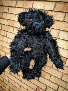 Edward The Short Curly Haired Black Faux Fur Teddy Bear With One Copper And One Gold Eye