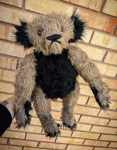 Harold The Short Curly Haired Beige Faux Fur With Black Faux Fur Accents Teddy Bear With Copper Eyes